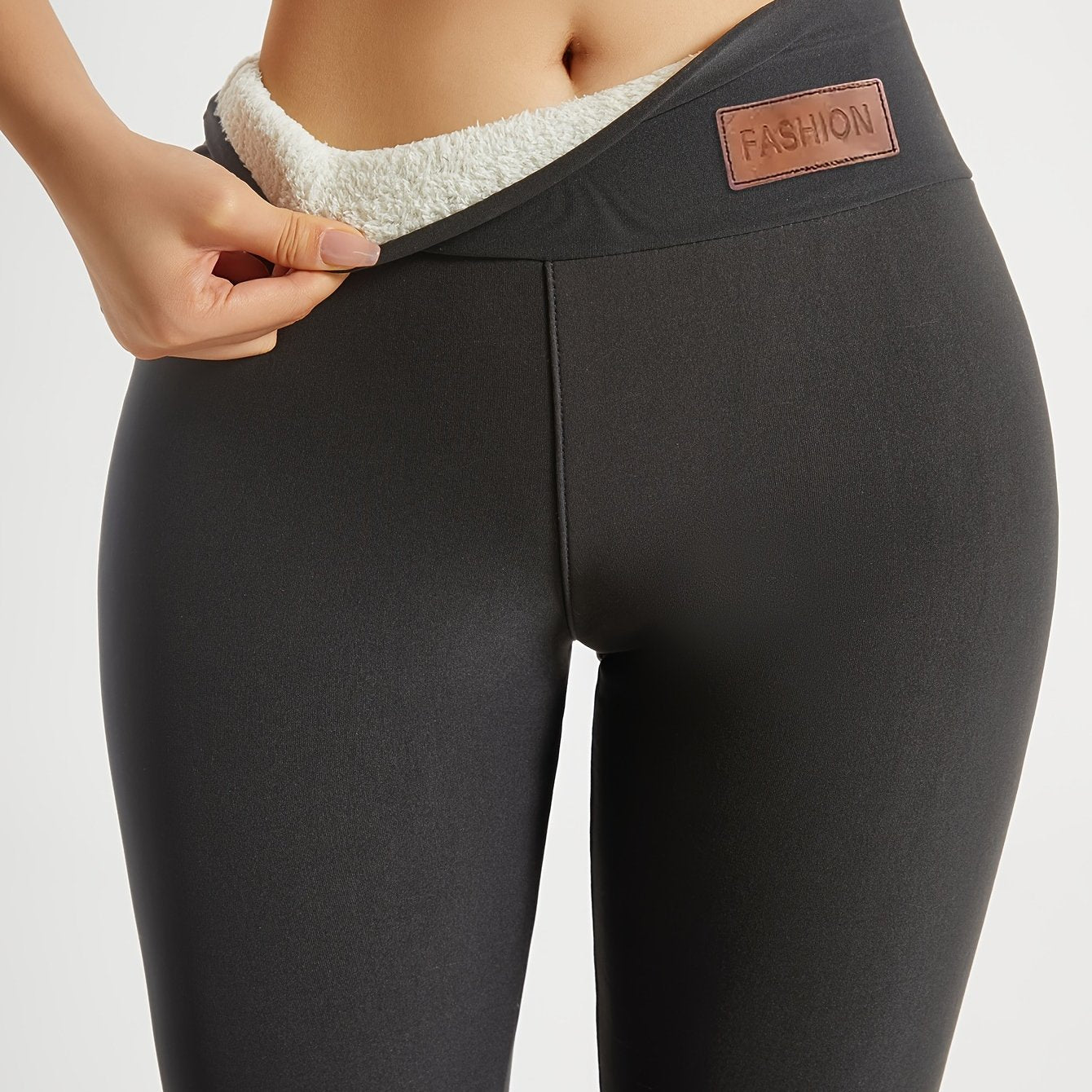 Everyday Elegance, Women's High-Waisted Slim Fit Leggings - Warm, Thickened, Elastic Waistband, Stretchy Polyester-Spandex Blend, Solid Black, "FASHION" Detail, Ideal for Yoga & Casual Wear